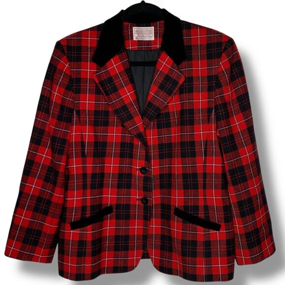 Vintage Wool Pendleton Plaid Red Black Blazer Jacket Holiday Size 14 Petite USA - Picture 1 of 10